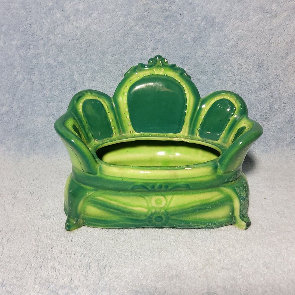 Vintage L&M Inc Green Ceramic Sofa Planter Victorian Couch Tufted Novelty